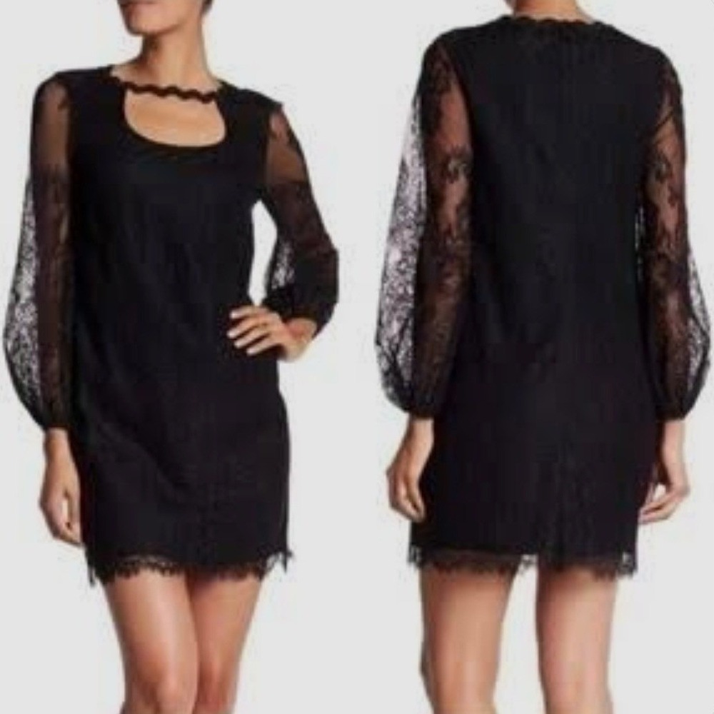 Trina Turk Black Tipsy Lace Keyhole Long Sleeve Mini‎ Dress Size 10 New